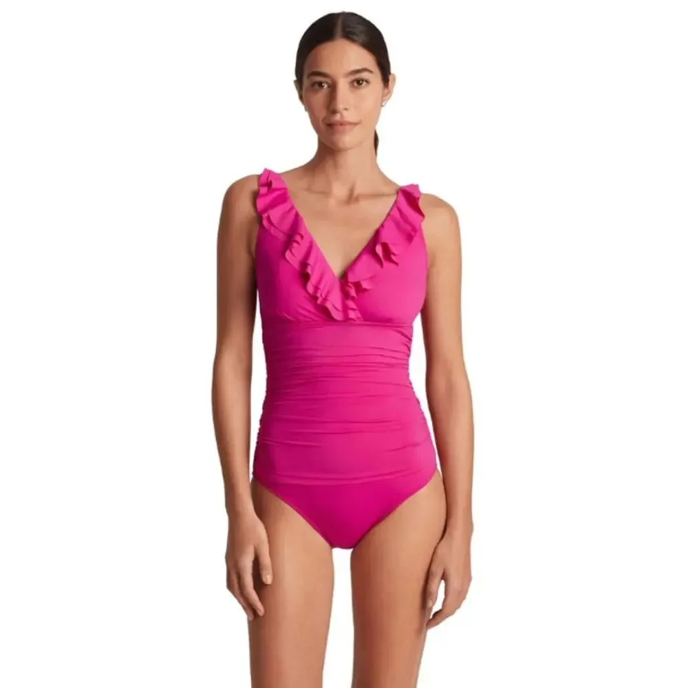 LAUREN RALPH LAUREN Beach Club One-Piece Swimsuit Size 12 Pink Ruffle NWT